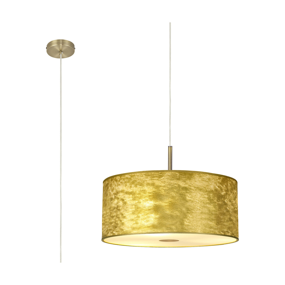 Baymont 5 Light Pendant Light with wide drum shade in gold-leaf finish on an antique brass frame, frosted acrylic diffuser beneath, shown with ceiling mount on a plain white background.