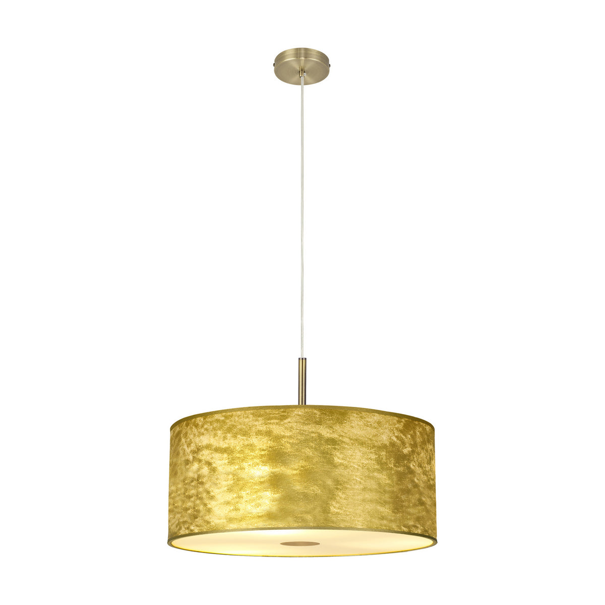 Baymont 5 Light Pendant, a wide drum shade with textured gold leaf exterior and frosted acrylic diffuser underneath, suspended from an antique brass fitting on a plain white background.