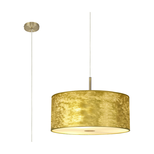 Baymont 5 Light Brass Diffuser Pendant Light 60cm in antique brass, showing a wide gold drum shade with frosted acrylic diffuser and ceiling rose, on a plain white background.