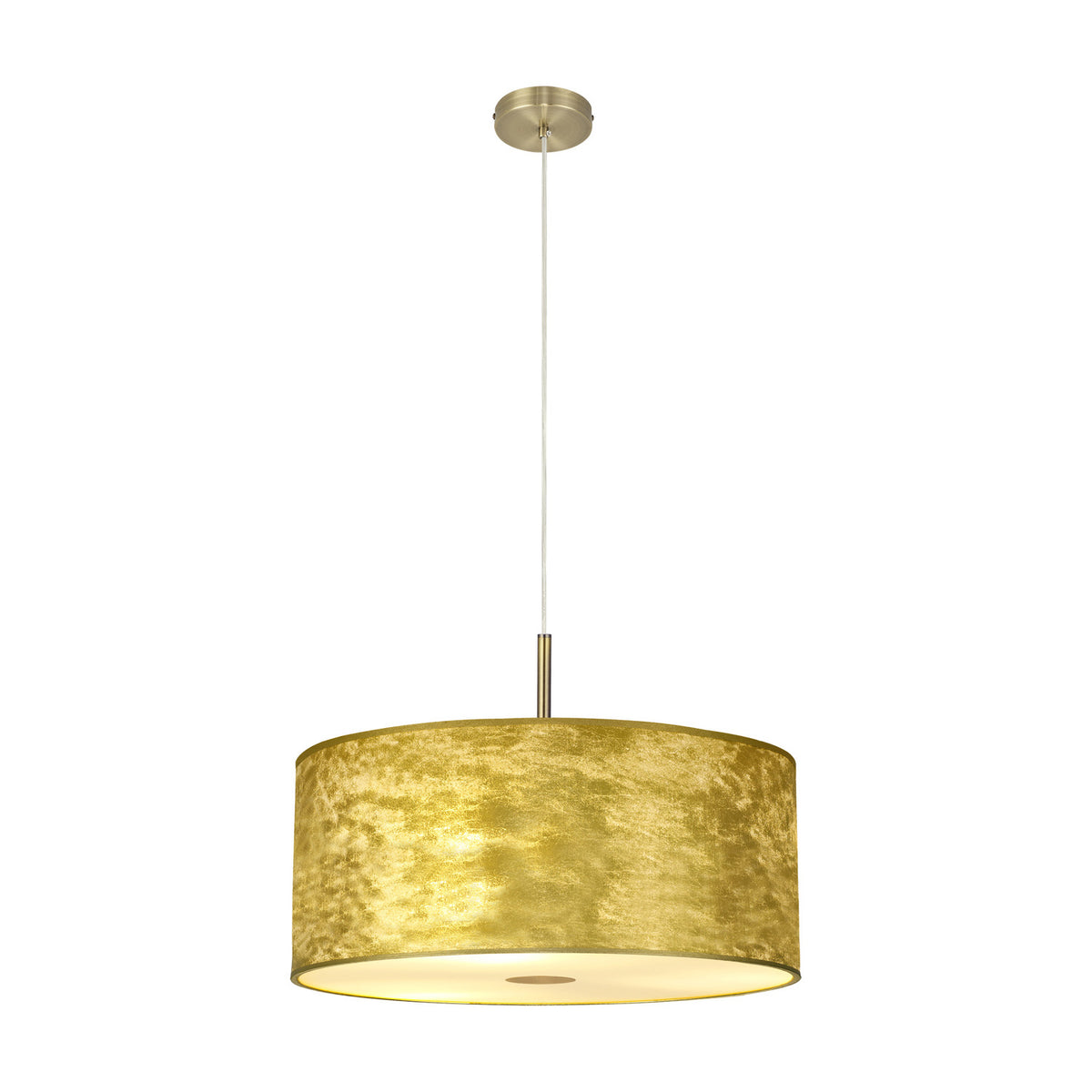 Baymont 5 Light Brass Diffuser Pendant Light 60cm in Antique Brass, wide drum shade in gold leaf finish with frosted acrylic diffuser, shown on a plain white background.
