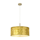 Baymont 5 Light Brass Diffuser Pendant Light 60cm in Antique Brass, wide drum shade in gold leaf finish with frosted acrylic diffuser, shown on a plain white background.