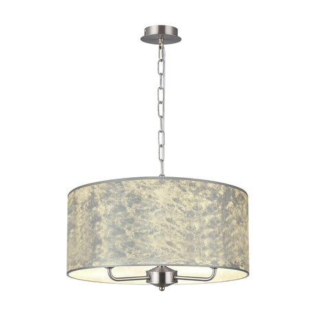 Banyan 3 Light E14 Pendant Light, 50cm drum shade in silver leaf with white lining, satin nickel frame and chain suspension, shown on a plain white background.