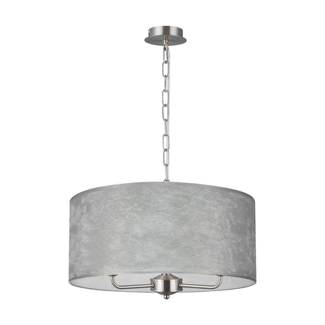 Banyan 3 Light E14 Pendant Light 50cm, a drum-shaped fixture with a silver leaf shade, white inner lining, and satin nickel fittings and chain, shown on a plain white background.