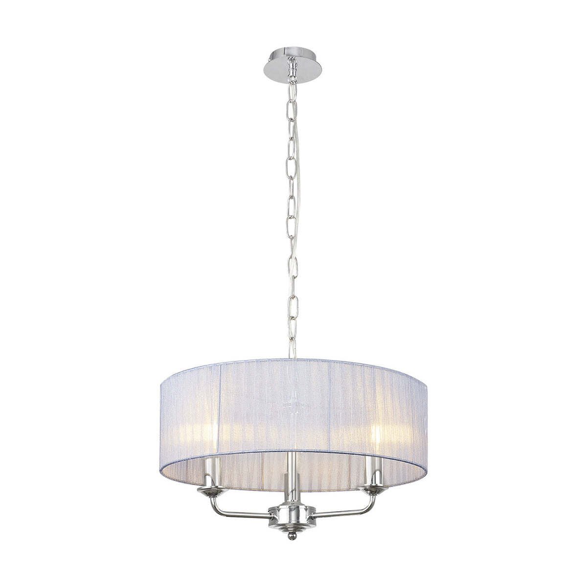 Banyan 3 Light E14 Pendant Light, polished chrome ceiling plate and chain with three upward arms holding one wide 45cm grey organza drum shade, shown against a white background.