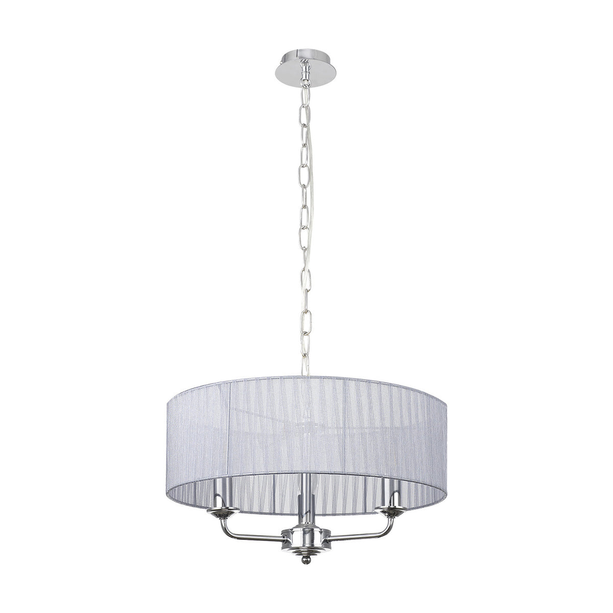 Banyan 3 Light E14 pendant light with polished chrome ceiling plate, chain and arms beneath a 45cm grey organza drum shade, shown on a plain white background.