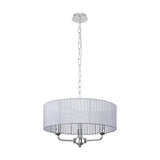 Banyan 3 Light E14 pendant light with polished chrome ceiling plate, chain and arms beneath a 45cm grey organza drum shade, shown on a plain white background.
