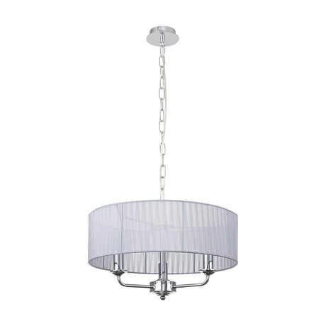 Banyan 3 Light E14 pendant light with polished chrome ceiling plate, chain and arms beneath a 45cm grey organza drum shade, shown on a plain white background.