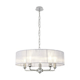 Banyan 5 Light E14 Pendant Light with sheer grey organza drum shade and polished chrome arms and chain, shown on a plain white background.