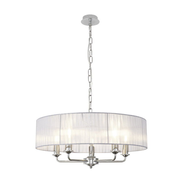 Banyan 5 Light E14 Pendant Light with sheer grey organza drum shade and polished chrome arms and chain, shown on a plain white background.