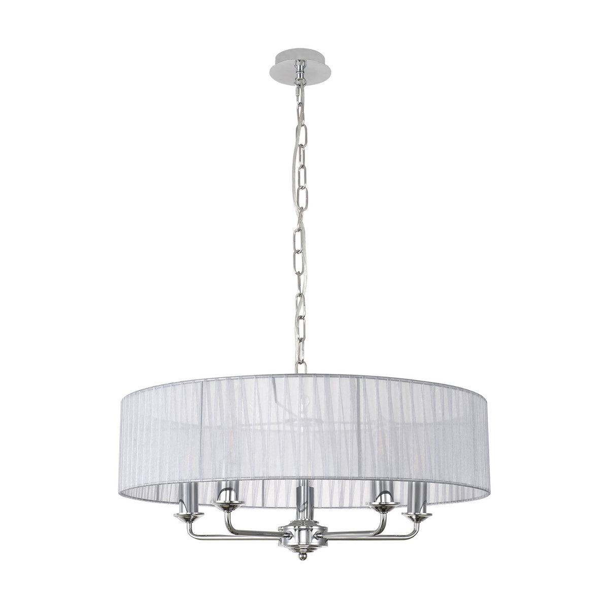 Banyan 5 Light E14 Pendant Light in Grey, 45cm sheer organza drum shade with five candle-style arms on a polished chrome frame and chain, shown on a plain white background.