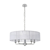 Banyan 5 Light E14 Pendant Light in Grey, 45cm sheer organza drum shade with five candle-style arms on a polished chrome frame and chain, shown on a plain white background.
