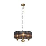 Banyan 3 Light E14 Pendant Light in antique brass with a 45cm black organza drum shade, three candle-style arms, and a chain suspension, shown on a white background.