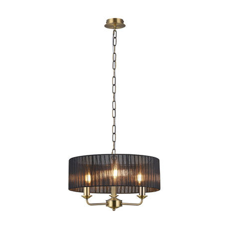 Banyan 3 Light E14 Pendant Light in antique brass with a 45cm black organza drum shade, three candle-style arms, and a chain suspension, shown on a white background.
