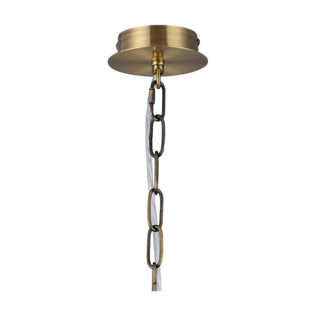Banyan pendant light ceiling rose and antique brass chain detail with clear fabric-wrapped cable, shown against a plain white background.