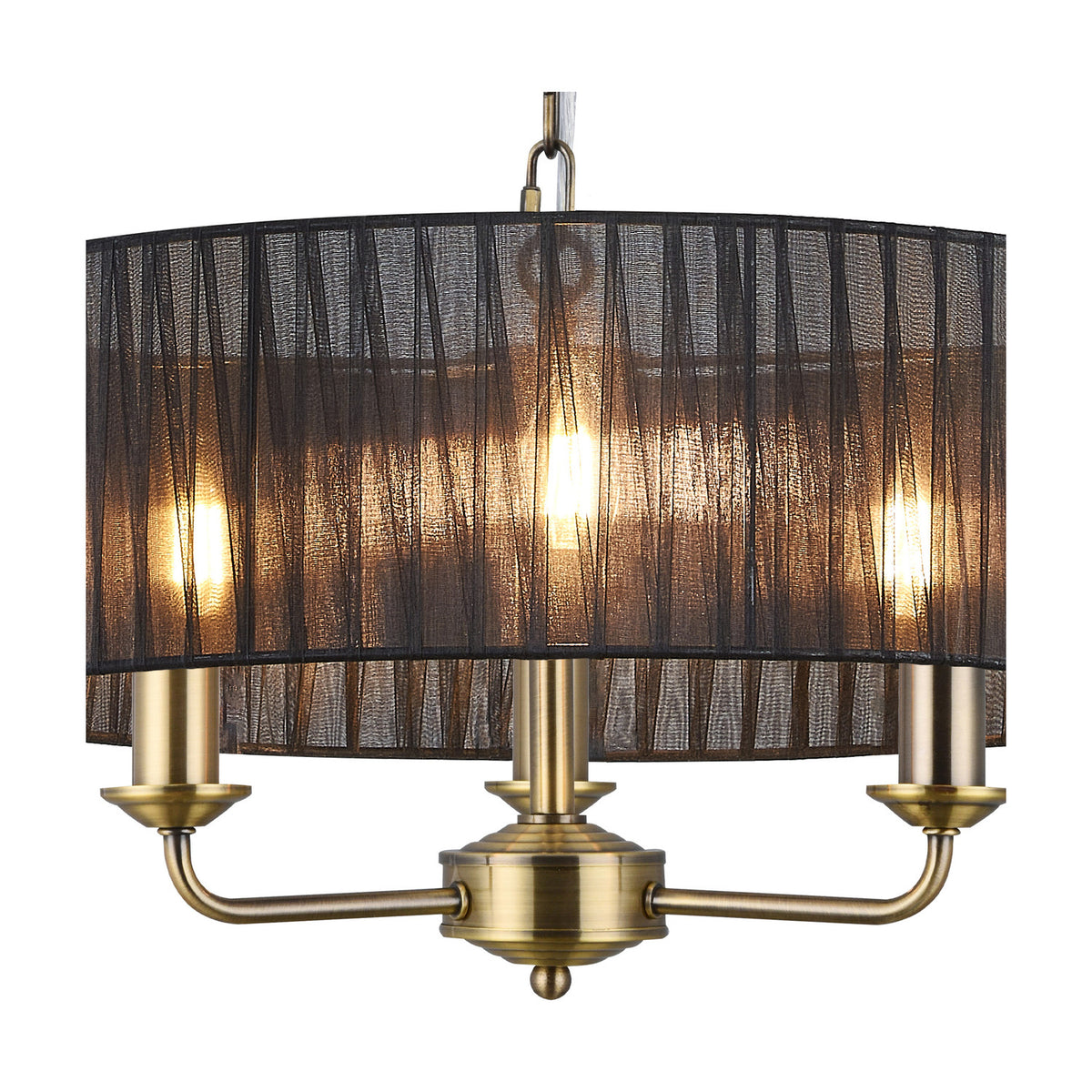 Banyan 3 Light E14 pendant light with antique brass arms and stem, 45cm wide black organza drum shade revealing candle bulbs beneath, on a plain white background.