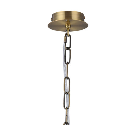 Close-up of the Banyan 3 Light E14 Pendant Light in antique brass, showing the ceiling mount, textured chain links, and clear cable against a white background.