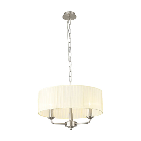 Banyan 3 Light E14 pendant light with satin nickel arms and chain, topped by a wide 45cm cream fabric drum shade, shown on a plain white background.