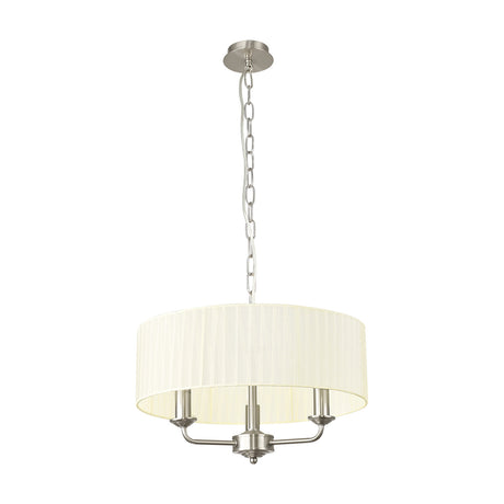 Banyan 3 Light E14 pendant light with satin nickel arms and chain suspension, fitted with a wide 45cm cream fabric drum shade, shown on a plain white background.
