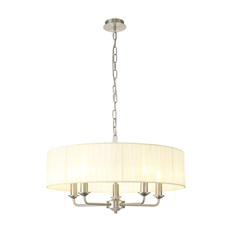 Banyan 5 Light E14 Chandelier with a wide 60cm cream fabric drum shade over five satin nickel arms, suspended from a chain, shown on a plain white background.
