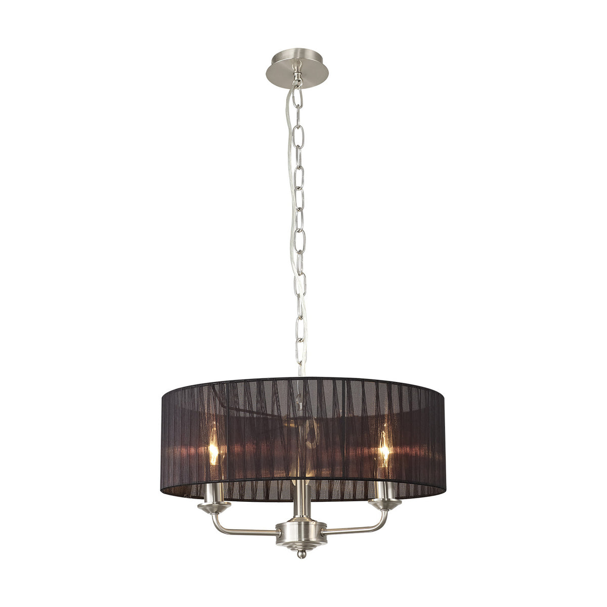 Banyan 3 Light E14 Pendant Light with satin nickel multi-arm frame and a 45cm sheer black organza drum shade, shown on a chain suspension against a plain white background.