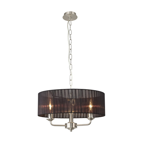 Banyan 3 Light E14 Pendant Light with satin nickel multi-arm frame and a 45cm sheer black organza drum shade, shown on a chain suspension against a plain white background.