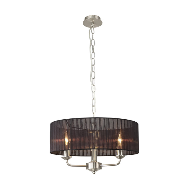 Banyan 3 Light E14 Pendant Light with satin nickel multi-arm frame and a 45cm sheer black organza drum shade, shown on a chain suspension against a plain white background.