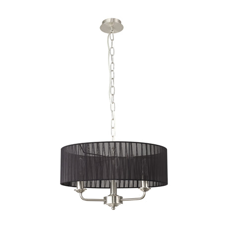 Banyan 3 Light E14 Pendant Light, 45cm black organza drum shade on a satin nickel three-arm frame with chain suspension, shown on a plain white background.