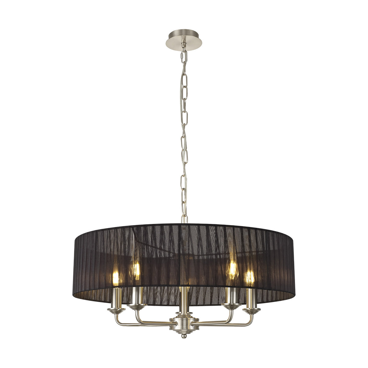 Banyan 5 Light E14 Chandelier with satin nickel arms and a 60cm black organza drum shade, suspended from a matching chain, shown on a plain white background.