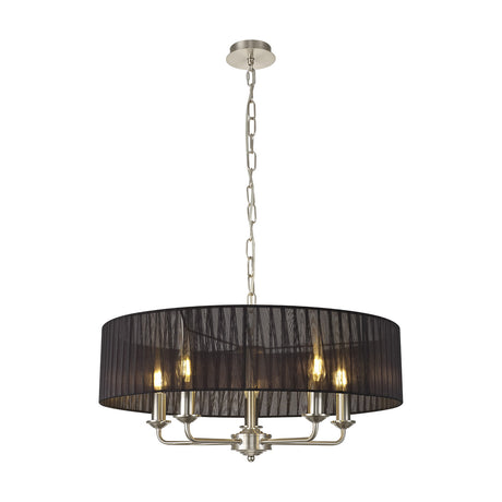 Banyan 5 Light E14 Chandelier with satin nickel arms and a 60cm black organza drum shade, suspended from a matching chain, shown on a plain white background.