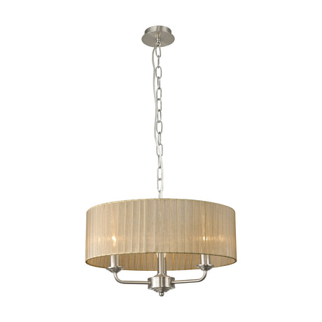 Banyan 3 Light E14 Pendant Light: a satin nickel fixture with three curved arms holding candle bulbs beneath a 45cm soft bronze organza drum shade, shown on a plain white background.