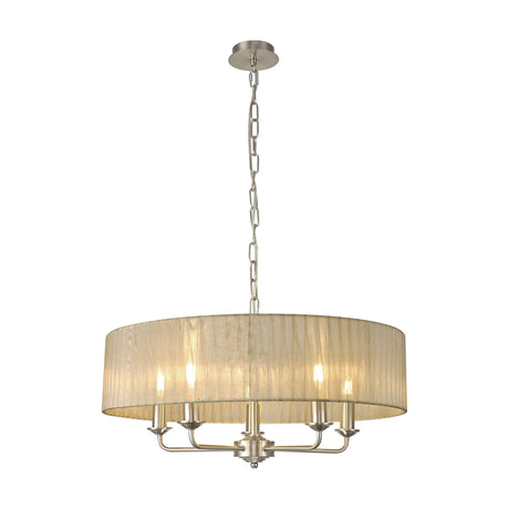 Banyan 5 Light E14 Chandelier with satin nickel arms and a 60cm soft bronze organza drum shade, suspended from a chain on a plain white background.