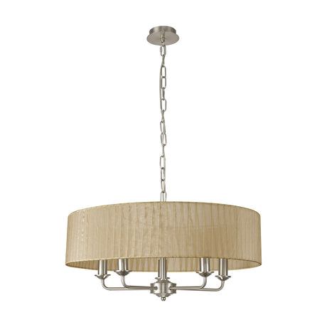Banyan 5 Light E14 Chandelier with satin nickel arms and a 60cm soft bronze organza drum shade, suspended from a chain on a plain white background.