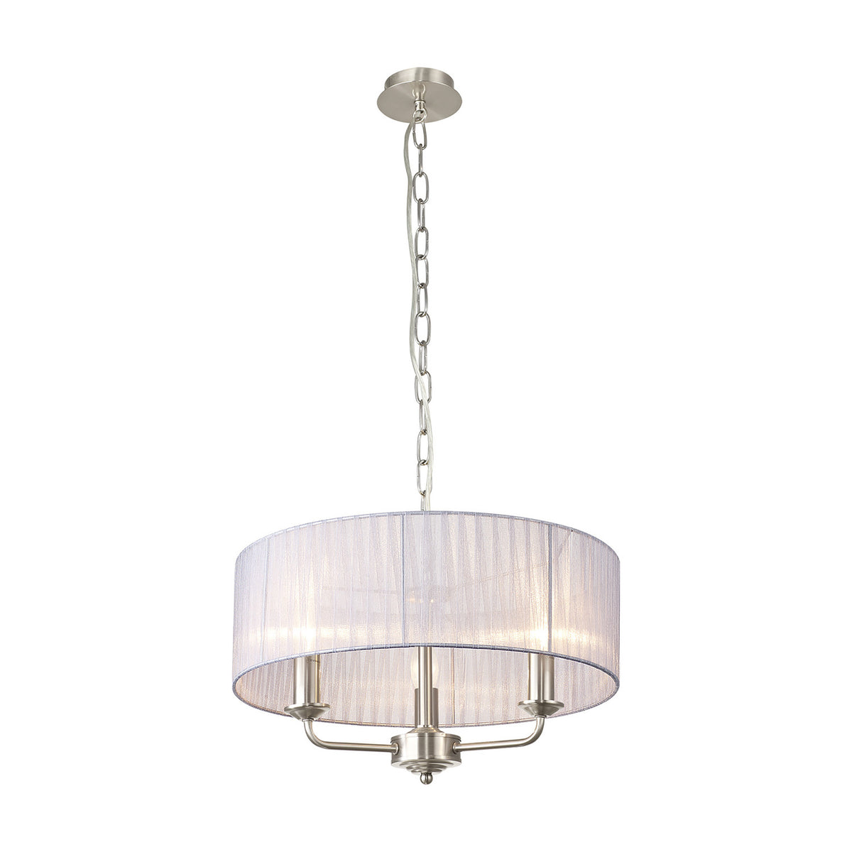 Banyan 3 Light E14 Pendant Light with 45cm grey organza drum shade, satin nickel arms and chain, shown against a plain white background.