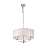 Banyan 3 Light E14 Pendant Light with 45cm grey organza drum shade, satin nickel arms and chain, shown against a plain white background.