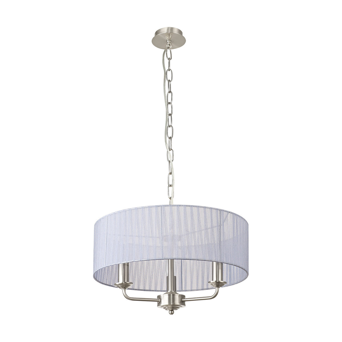 Banyan 3 Light E14 Pendant Light in satin nickel, featuring three curved arms beneath a wide 45cm grey organza drum shade, shown on a plain white background.