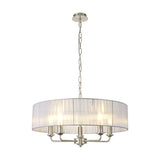 Banyan 3 Light E14 pendant light with a wide grey organza drum shade on a satin nickel frame with five candle-style arms, shown on a plain white background.