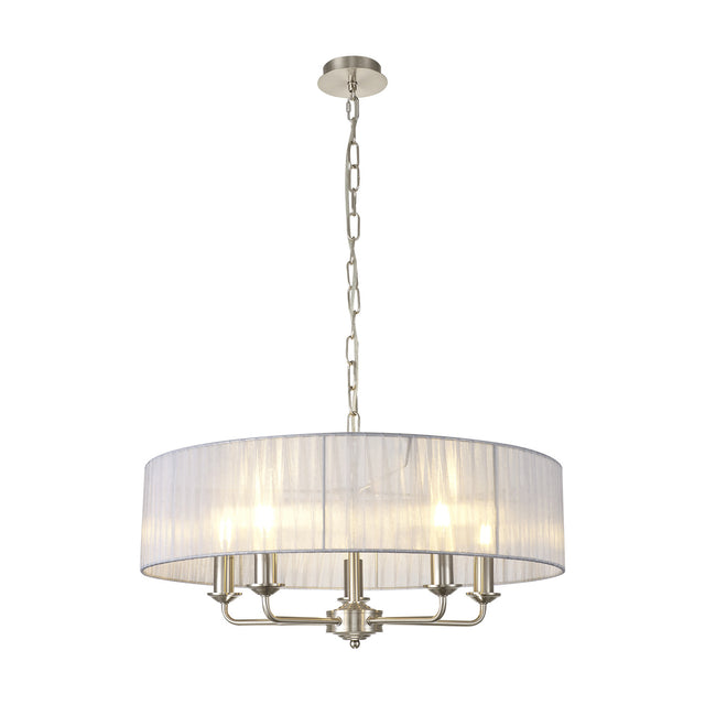 Banyan 3 Light E14 pendant light with a wide grey organza drum shade on a satin nickel frame with five candle-style arms, shown on a plain white background.
