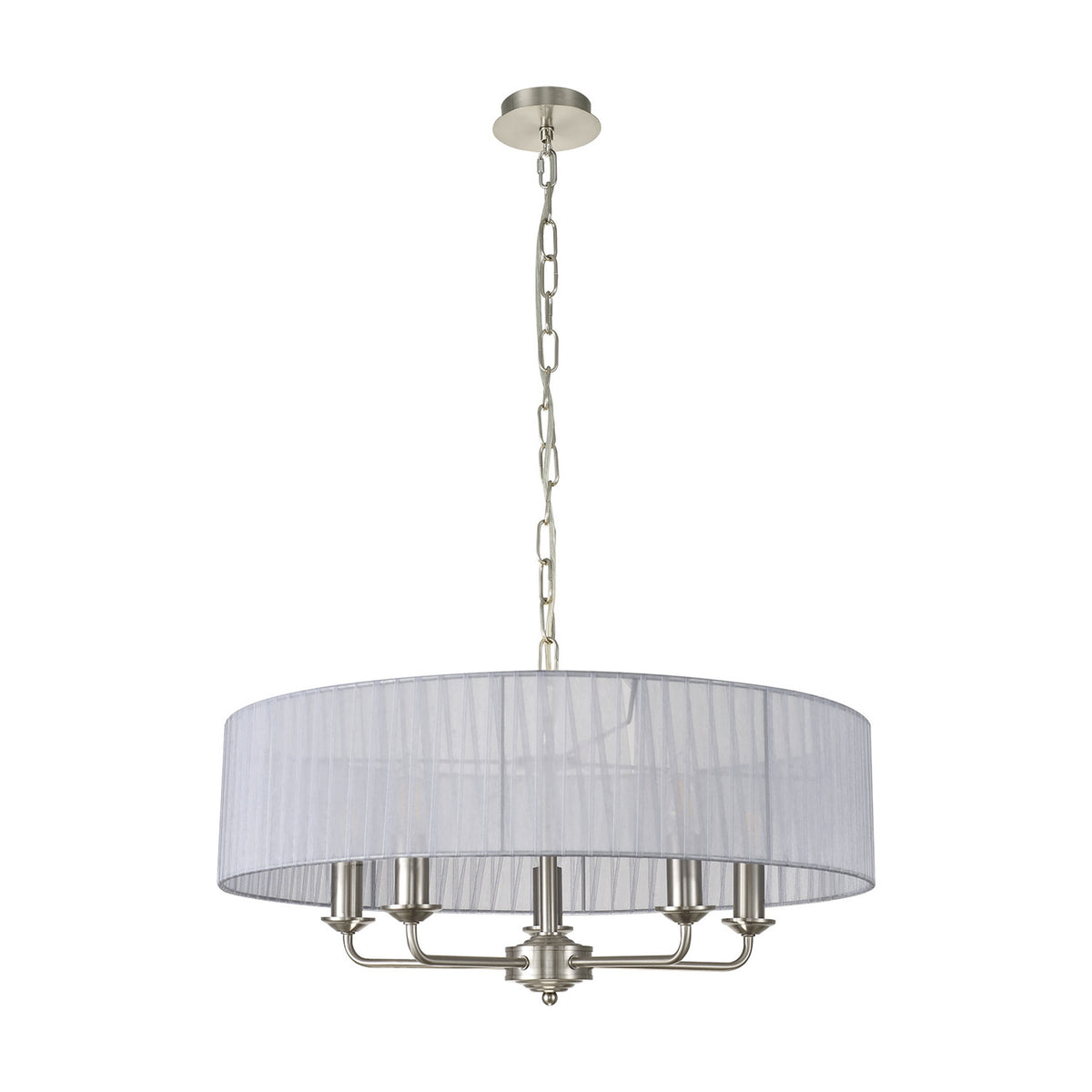 Banyan 5 light pendant with a wide grey organza drum shade on a satin nickel frame with five curved arms, suspended from a chain, shown on a plain white background.