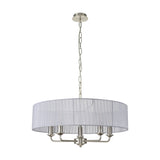 Banyan 5 light pendant with a wide grey organza drum shade on a satin nickel frame with five curved arms, suspended from a chain, shown on a plain white background.