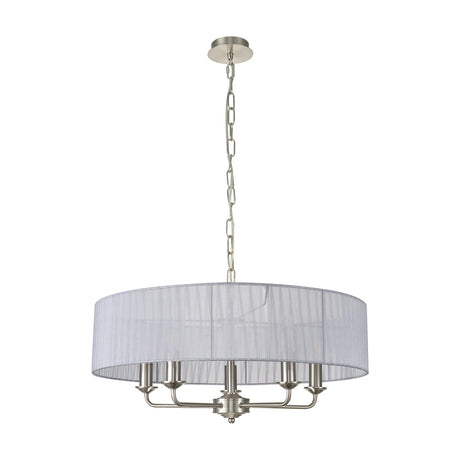 Banyan 5 light pendant with a wide grey organza drum shade on a satin nickel frame with five curved arms, suspended from a chain, shown on a plain white background.