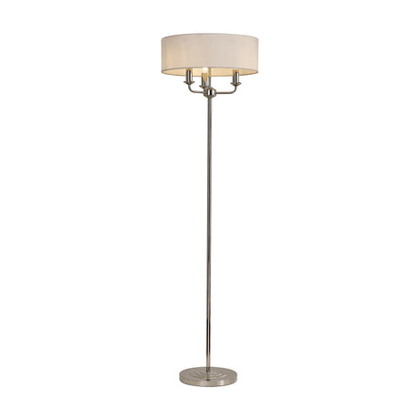 Banyan 3 Light E14 Floor Lamp with a white faux silk drum shade on a slender polished nickel stem and round weighted base, shown on a plain white background.