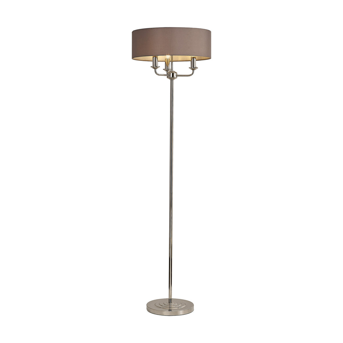 Banyan 3 Light E14 Floor Lamp with a 45cm grey drum shade on a slender polished nickel stem and round base, shown on a plain white background.