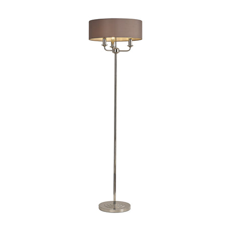 Banyan 3 Light E14 Floor Lamp with a 45cm grey drum shade on a slender polished nickel stem and round base, shown on a plain white background.