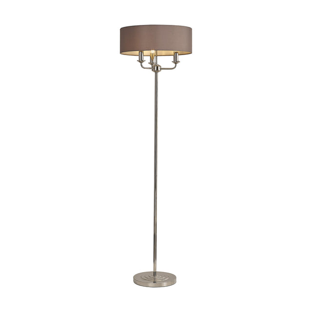 Banyan 3 Light E14 Floor Lamp with a 45cm grey drum shade on a slender polished nickel stem and round base, shown on a plain white background.