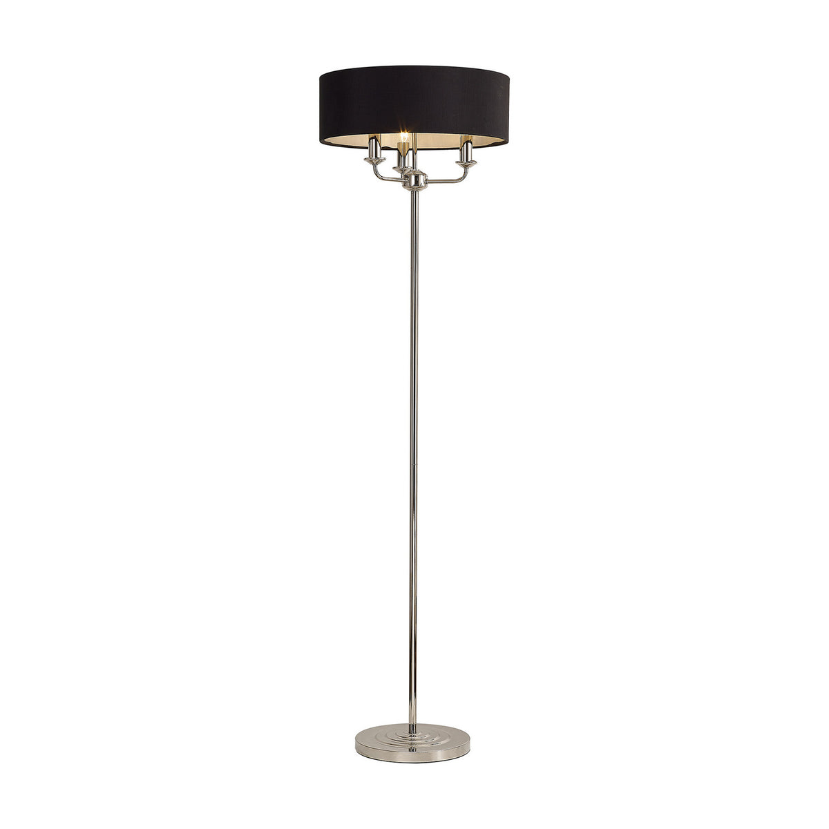 Banyan 3 Light E14 Floor Lamp with a black faux silk drum shade, 45cm wide, on a slender polished nickel stem with round base, shown on a plain white background.