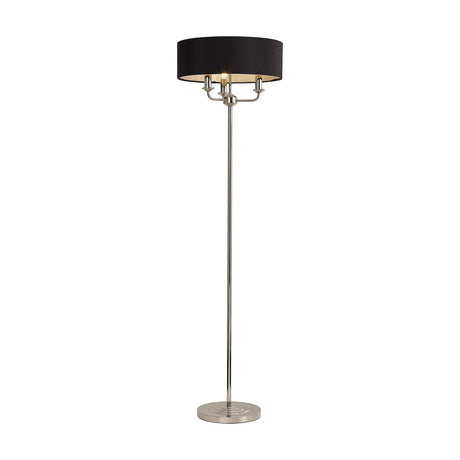 Banyan 3 Light E14 Floor Lamp with a black faux silk drum shade, 45cm wide, on a slender polished nickel stem with round base, shown on a plain white background.