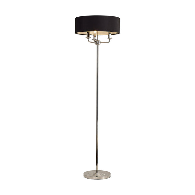 Banyan 3 Light E14 Floor Lamp with a black faux silk drum shade, 45cm wide, on a slender polished nickel stem with round base, shown on a plain white background.