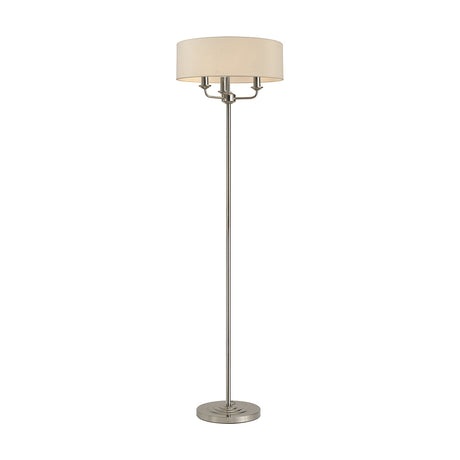 Banyan 3 Light E14 Floor Lamp with slim polished nickel stand and ivory pearl drum shade over three candle lights, shown on a plain white background.