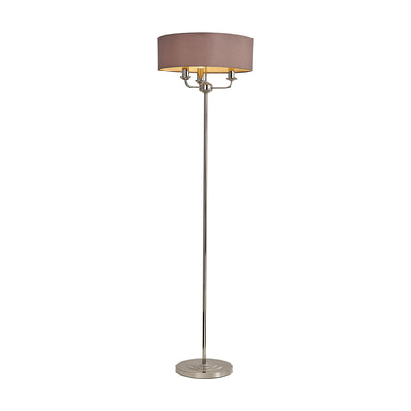 Banyan 3 Light E14 Floor Lamp with taupe faux silk drum shade and gold lining on a polished nickel stem and round base, plain white background.