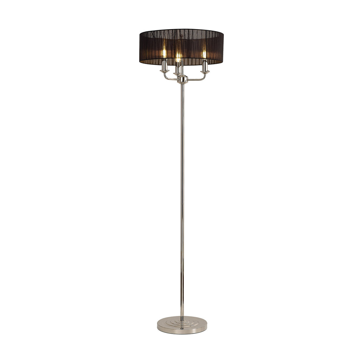 Banyan 3 Light E14 Floor Lamp with a wide black organza drum shade and slim polished nickel stem on a round base, set against a plain white background.